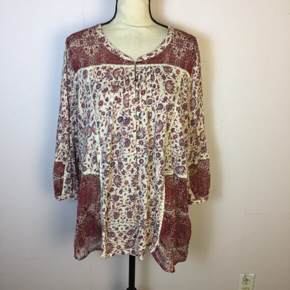 Lucky Brand Blouse Tunic Top 2X Womans Plus Red White Floral Boho Mixed Media - Picture 1 of 15